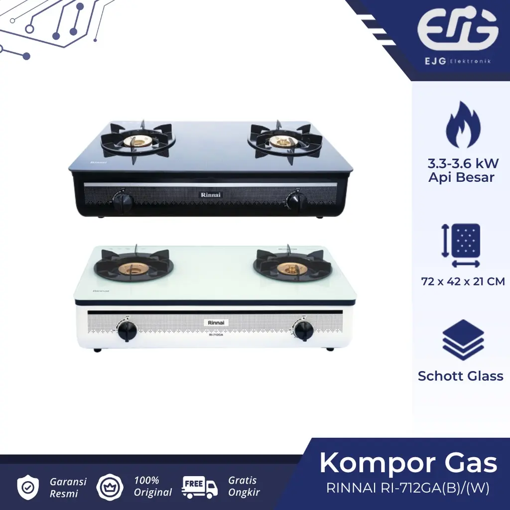 [BISA COD] RINNAI RI-712GA KOMPOR GAS 2 TUNGKU SCHOTT GLASS GARANSI RESMI