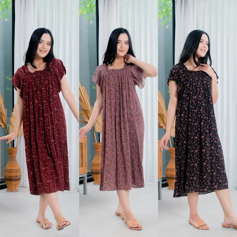 Dress Daster Kerut Rayon Kekinian – Motif Bunga Adem Nyaman Dipakai Harian ungu cantik mama muda tank top tali pulen