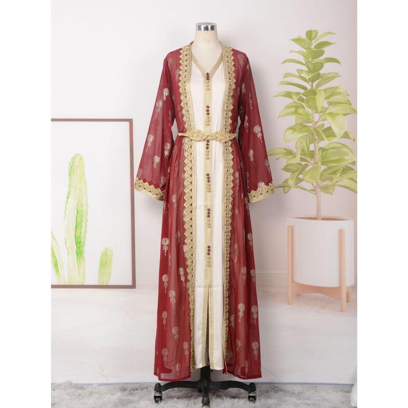 2025 Muslim East Arab Dress Robe Embroidered Cardigan Vest Two-Piece Set Dress EBay 8