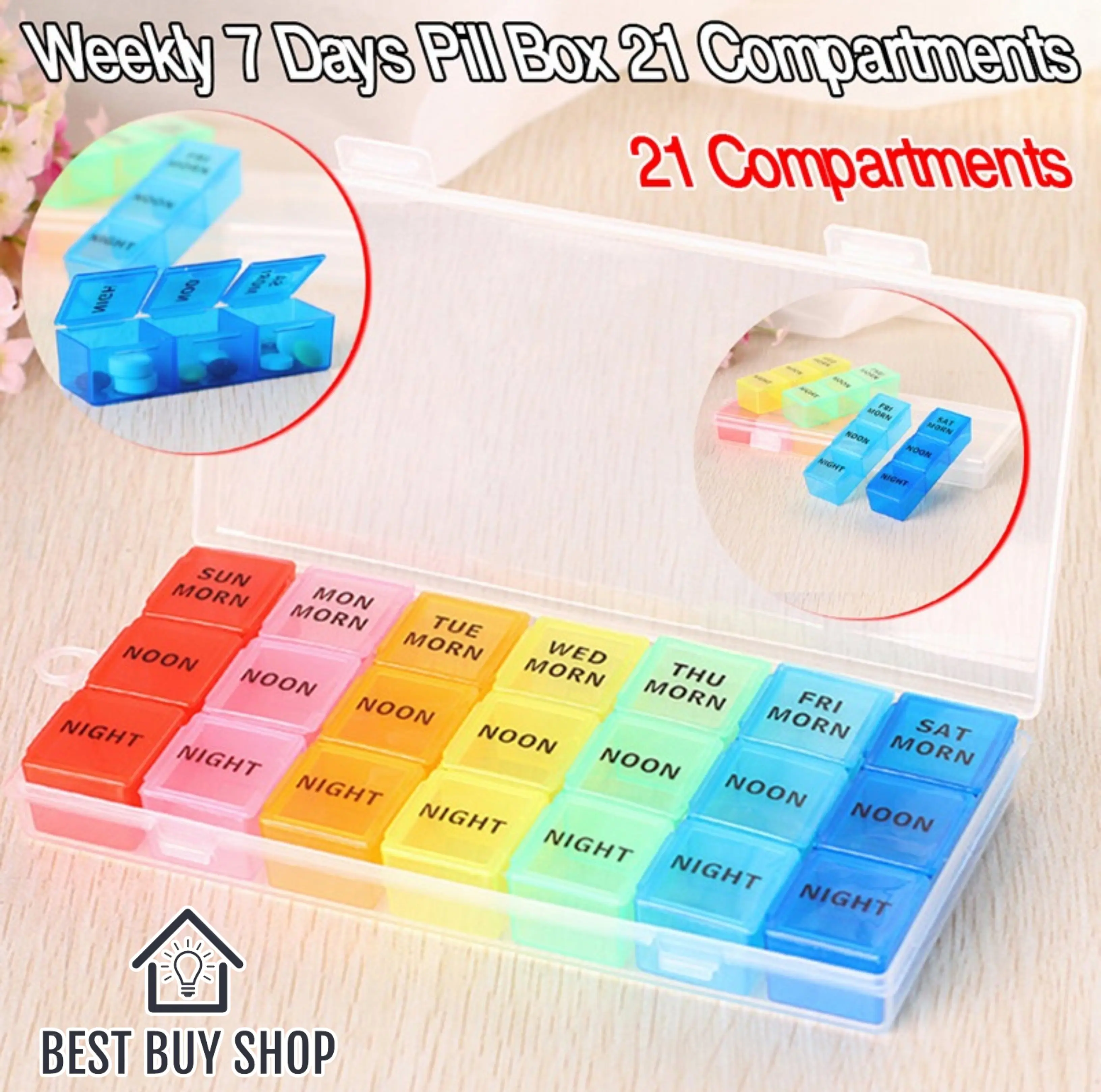 Weekly Mini Medication Organizer 7 Day 21 Slots Pill Medicine Box Organizer