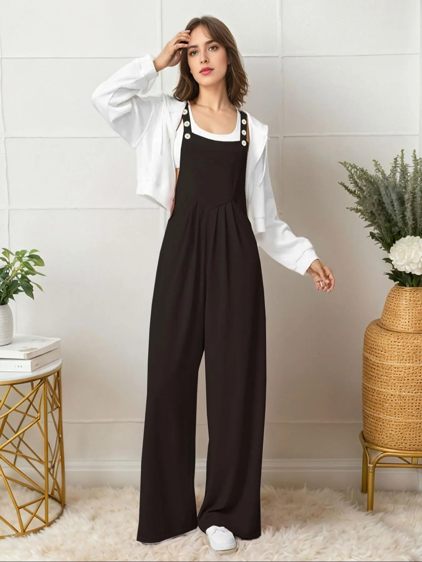 Women's Solid Color Overalls Jumpsuit without Inner Top, Casual Comfy Overalls Jumpsuit for Summer, Fashion Women's Clothes for Daily Wear