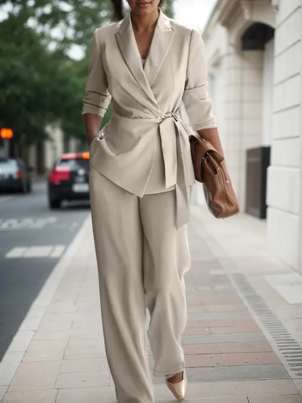 Women's Solid Tie Front Wrap Lapel Neck Blazer & Pants Set, Casual Chic Long Sleeve Outerwear & Wide Leg Trousers, Women's Fall & Winter Clothes for Work Office Business, Elegant Suits, Corporate Outfits Women, Womenswear 6