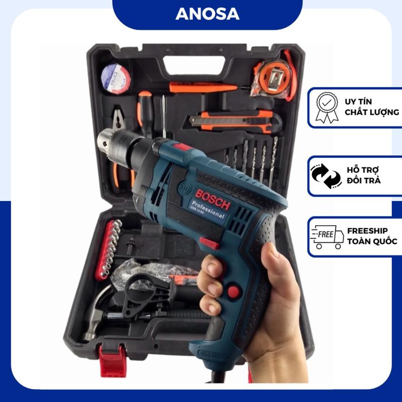 Máy khoan điện Bosch, máy khoan tường sắt gỗ 13 ly RE full đồ nghề gia đình tặng kèm phụ kiện 45 chi tiết