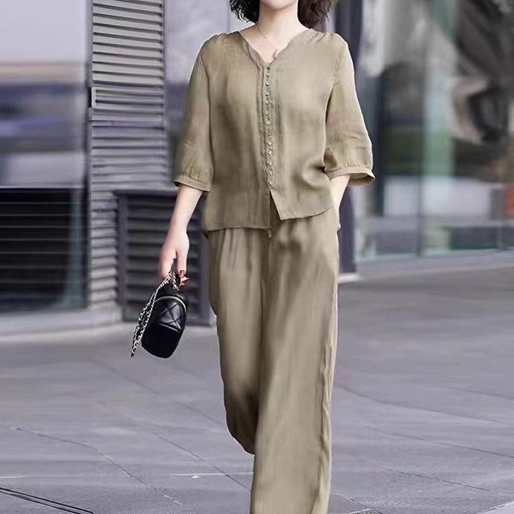 Bộ Đồ Vải Lanh Và Cotton, Bộ Sưu Tập Mới Cho Mẹ TRUNG NIÊN, Thời Trang Thường Ngày Hàng Mới Về Mùa Hè, Áo Vải Lanh Và Quần Ống Rộng, Bộ Hai Mảnh, 2024 8