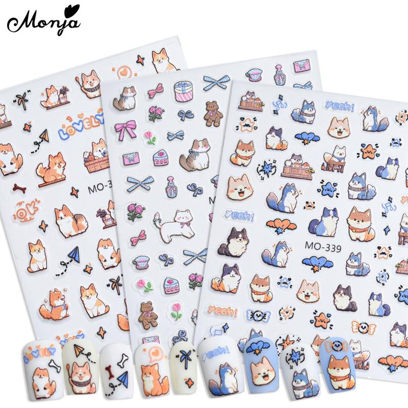 Miếng Dán Móng Tay Thú Cưng, Monja, 5D, Dập Nổi, Decal Can Hình Dán Hoạt Hình Đáng Yêu Cho Chó Mèo, Tự Dính, Thanh Trượt Dễ Thương, Khắc, Đồ Trang Trí Móng Tay Tự Làm