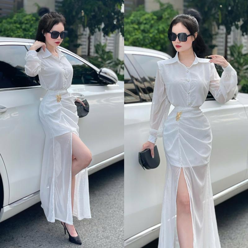 T3072 Set Đầm Nữ Thiết Kế EMME 2 Món Gồm Áo Sơ Mi Đính Đá Phối Chân Váy Dáng Dài Xẻ Tà Cách Điệu [ Màu Đen Kèm Áo 2 Dây, Màu Trắng 2 Lớp & Tag Bướm ] - Thanh Tự Women Nhung Dress Voan Voi Kem Top