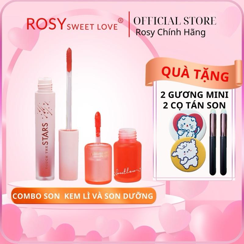 [ TẶNG 2 CỌ VÀ 2 GƯƠNG  ]COMBO 1 SON KEM LÌ VÀ 1 SON DƯỠNG MÔI, Son kem lì Rosy,Touch the Stars,Son dưỡng Môi Vitamin E Đỏ,rosy sweet love