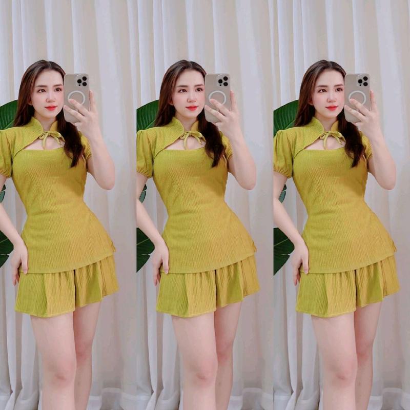 Đồ bộ nữ đẹp  mặc nhà dễ thương áo kiểu cô đứng quần đùi giả váy [đồ bo xinh] màu kem thun xốp co giãn 4 chiều cho nữ Women - Đồ bộ giá rẻ Top