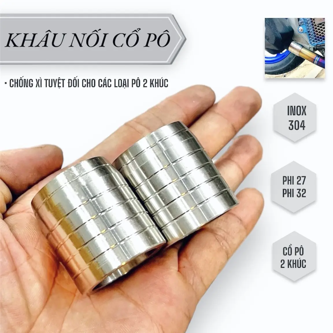 Khâu nối cỗ pô inox304 không rỉ sét sáng dóng dể lắp rap phụ tùng phụ kiện xe máy