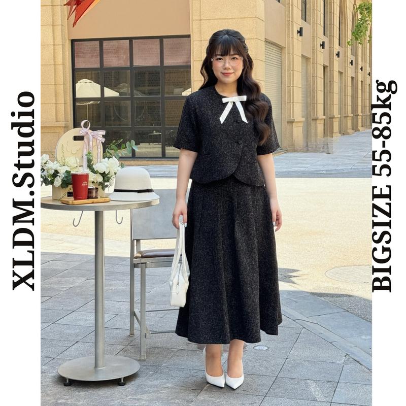 [ XLDM Studio ] Set váy nữ BIGSIZE công sở áo blazer cộc tay, chân váy dài xếp ly đi làm, đi tiệc ( Lame set )