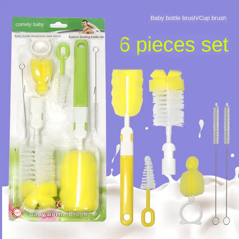 6 pcs/set baby milk bottle brush bottle cleaning kit sponger nipple brush stainless steel straw brush