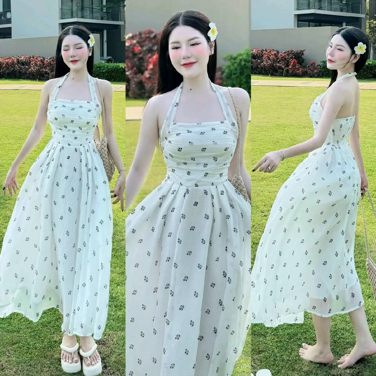 Đầm maxxi cột nơ sau (có mút, có lót) chất vải tơ xốp hoa thời trang thanh lịch đi biển