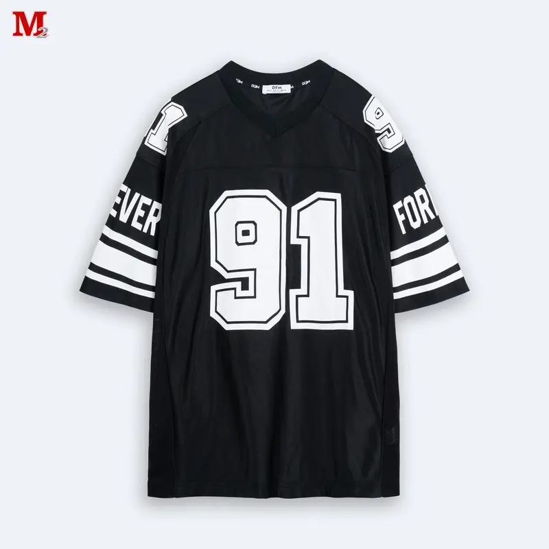 Áo thun Unisex thể thao lỡ tay phối kẻ phong cách dáng rộng Forever 91 K0030933 thời trang M2 Nam Menswear Cotton Shirt Women Cổ Tròn 0
