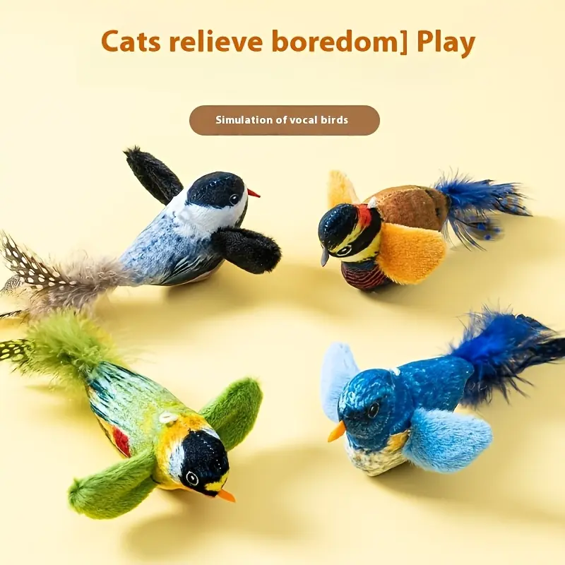 Interactive Simulation Sound Plush Bird Cat Toy, with Realistic Chirping, with Artificial Feather Synthetic Fiber Material and No Battery Required Cartoon Design Toy, Suitable for Indoor Cat Sports Interactive Bird Toy 0