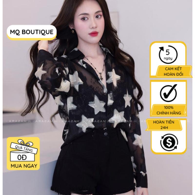 Áo sơ mi họa tiết nữ tơ dài tay cao cấp công sở họa tiết sao to nền đen sang trọng , áo sơ mi thiết kế MQ Boutique