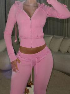 Women's Solid Crop Zip Up Hooded Jacket & Skinny Pants Two-piece Set, Casual Fashion Cozy Breathable Two Piece for Daily Outdoor Wear, Ladies Clothes for Spring & Fall