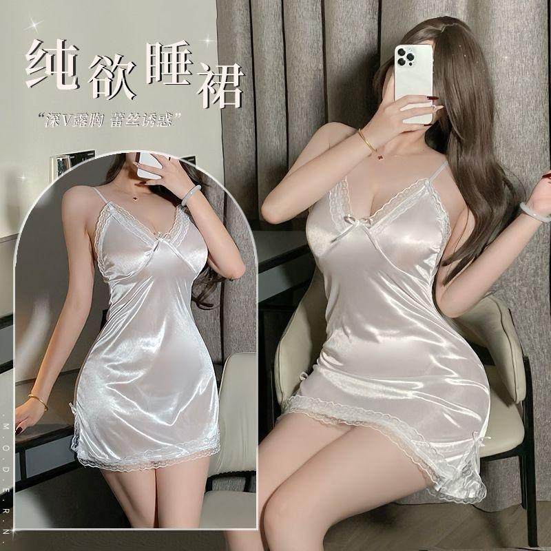 Product Introduction of Đồ Ngủ Gợi Cảm, Đệm Ngực Ren, Váy Ngủ Có Dây Đeo Mới, Phổ Biến, Lụa Lạnh Giả Mỏng, Phong Cách Dễ Thương Và Gợi Cảm, Thích Hợp Mặc Nhà, Váy Hai Dây 2