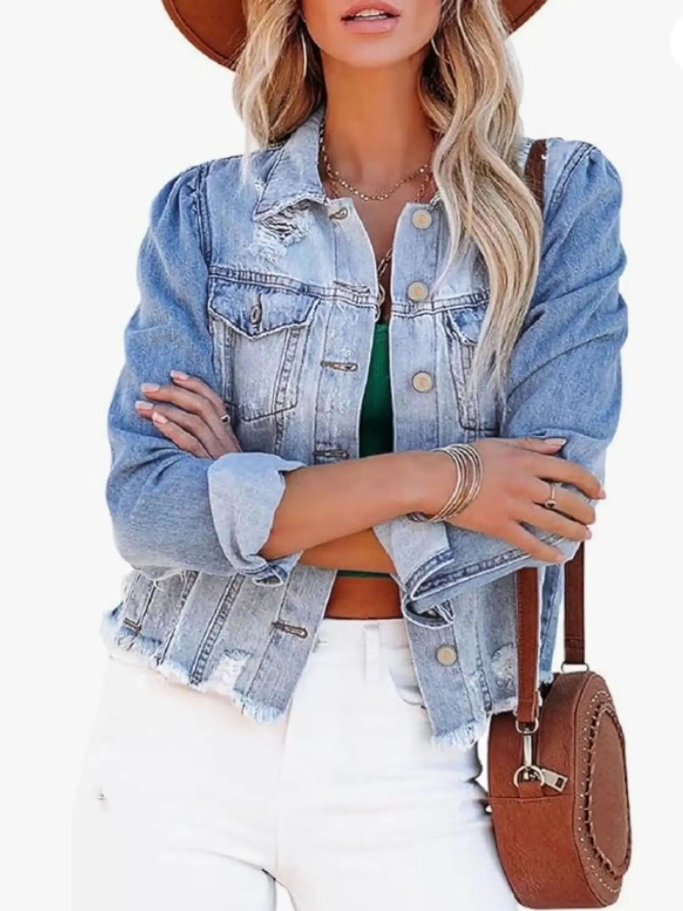 【Plus Size】 Plain Button Front Ripped Denim Jacket, Casual Pocket Raw Hem Collared Coat for Daily Wear, Gift Set, Women's Clothes for All Seasons