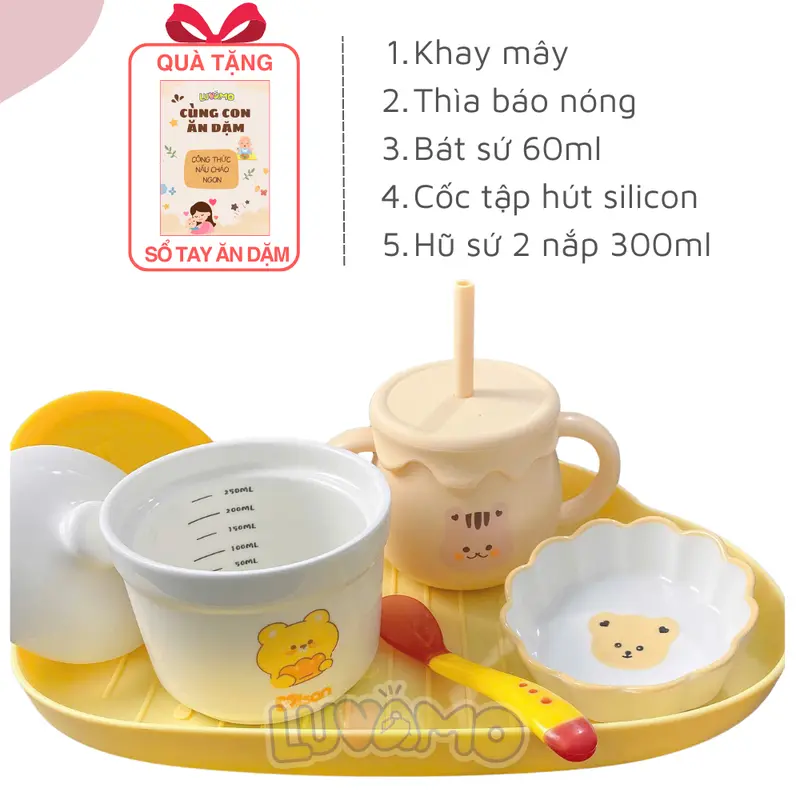 Bộ bát ăn dặm cao cấp cho bé kèm cốc tập hút, bát sứ, thìa cho bé màu sắc đa dạng nghộ nghĩnh Luvamo Kem Voi hũ thủy tinh bát  thìa  ăn  dặm  cho  bé 3