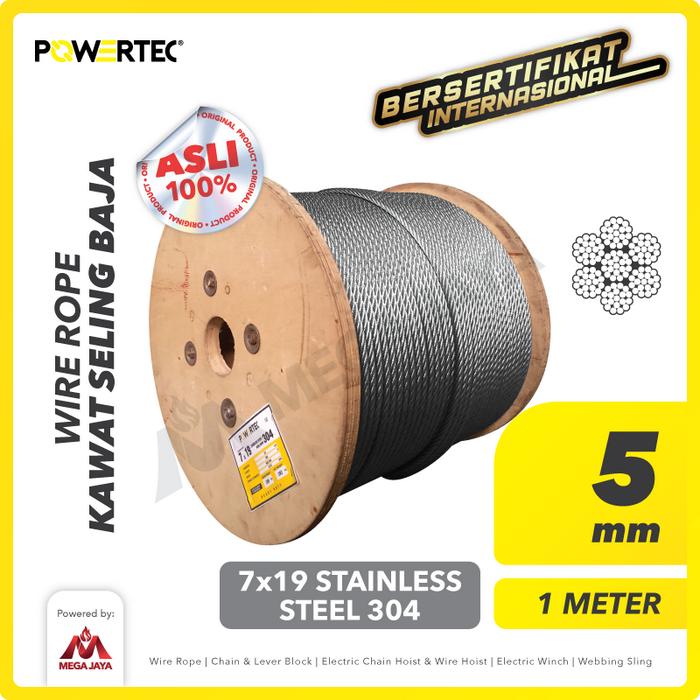Promo POWERTEC Wire Rope / Kawat Seling Baja 7x19 SS 304 5mm - 1 Meter ...
