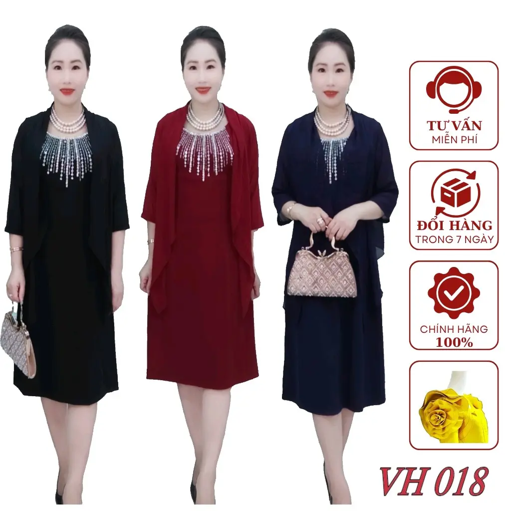 Váy đầm trung niên VH018 đính đá kết ki kết  ngoài chất liệu chiffomát , sang chảnh phù hợp cho tuổi trung niên, Nữ Dress Voi Women