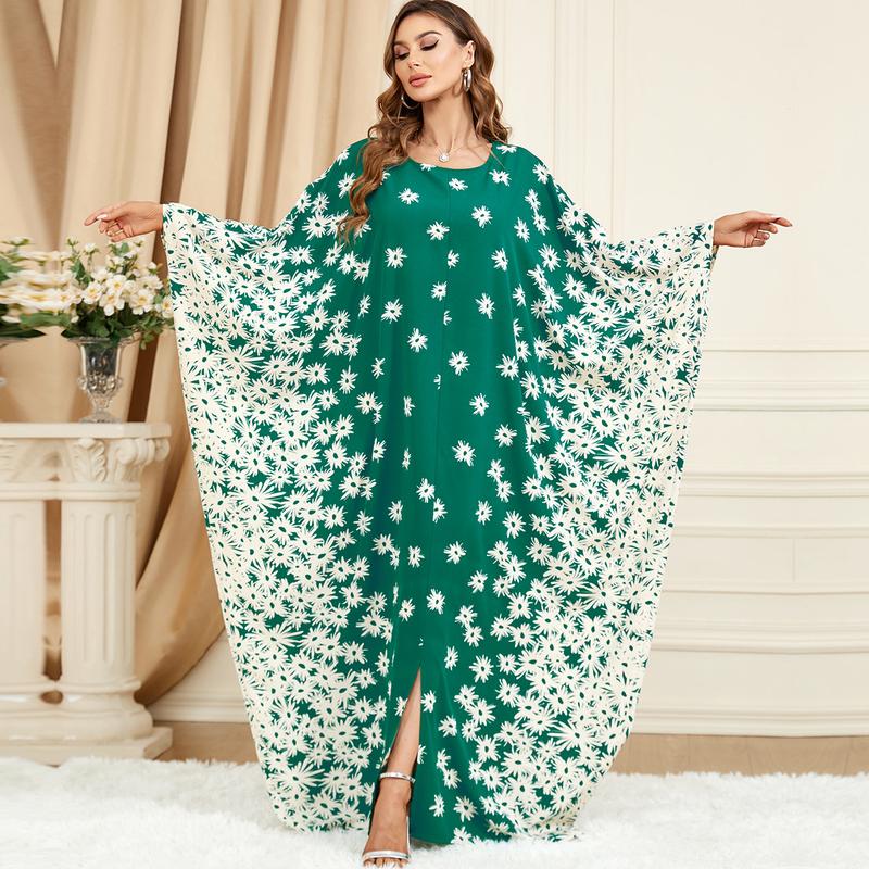 3421 Muslim Middle East Discount Fashion Clothing Green Batwing Sleeve Loose Fashion plus Size Dress 2