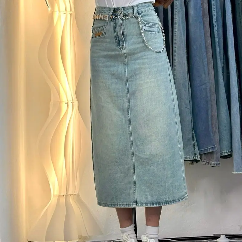 Chân váy jeans nữ dáng dài xẻ sau kèm đai hàng QC