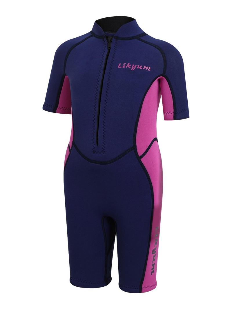 Product Introduction of Girl's Letter & Patchwork Print Professional Diving Swimsuit, Casual Half Zip Raglan Sleeve Swimwear, Professional Diving Suit for Outdoor Swimming 1
