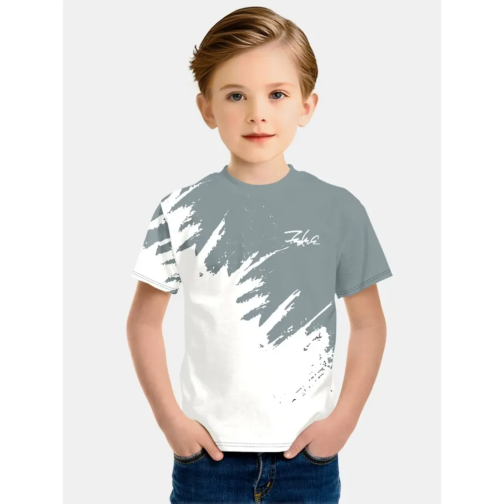 1pc Boys' Fashion 3D Digital Gradient Print T-Shirt - Polyester Knit Fabric, Crew Neck, Short Sleeves, Slight Stretch, Regular Fit, All-Over Print Casual Tee for Summer Outdoor Wear