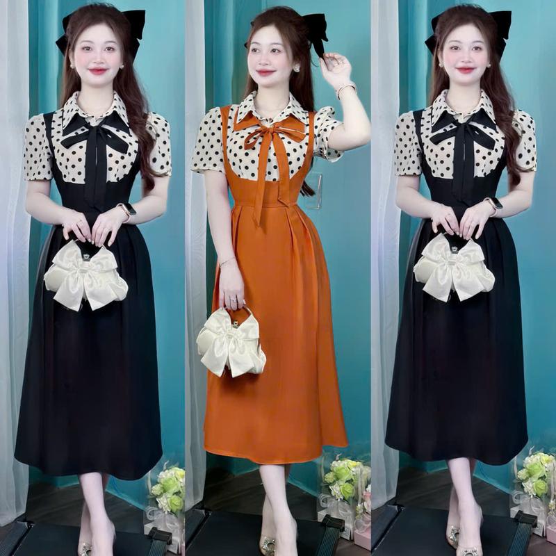 FREESHIP C2-Váy Thiết Kế Chấm Bi kèm dây buộc nơ dáng A xoè dài phù hợp đi làm đi chơi vải tây mềm mịn đủ size SMLXL-Mijustore Kem Dress Women váy tiệc