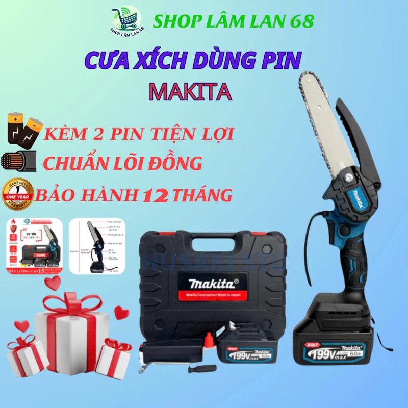 Máy Cưa Xích Cầm Tay 2PIN MAKITA 199V Tra Nhớt Tự Động Lõi Đồng Bên Bỉ Mạnh Mẽ - Máy Cưa Cầm Tay Mini Cưa Tất Cả Các Loại Gỗ Siêu Khỏe, Tiện Lợi Phù Hợp Với Mọi Gia Đình, Bảo Hành 12 Tháng.,