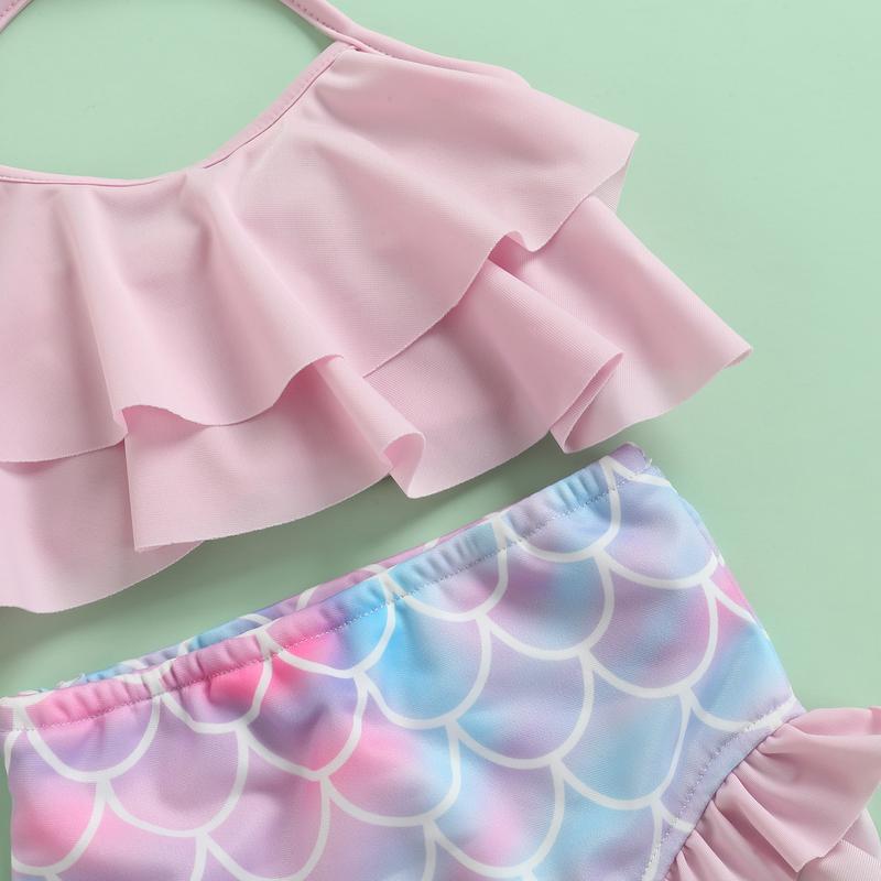 Product Introduction of Toddler Baby Girl Smoothy Soft Swimsuit Halter Ruffles Tops Mermaid Shorts Headband Bathing Suit Swimwear 3Pcs Bikini Set 6 12 18 24 Months 2-3 Years Old Kid 37