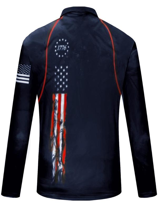 Men's Star & Figure Print Zip Up Polo Shirt, Casual Raglan Sleeve Collared Top for Daily Outdoor Sport, Fashion Men's Clothes for All Seasons, Streetwear 5