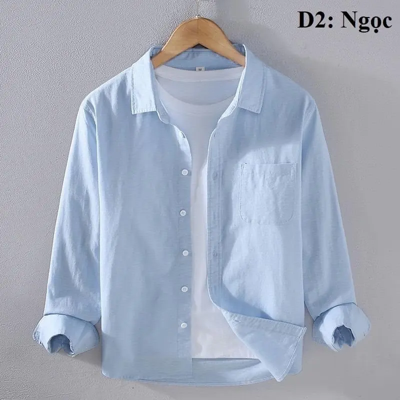 Áo nam,Áo Sơ mi nam dài tay cổ bẻ có túi ngực vải đũi kiểu dáng Basic Menswear áo  sơ