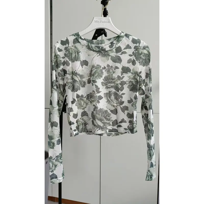 Áo Thun Dài Tay Vải Lưới In Hoa Hồng, Milyfashion, Xuyên thấu, Chất Liệu Xuyên Thấu 5