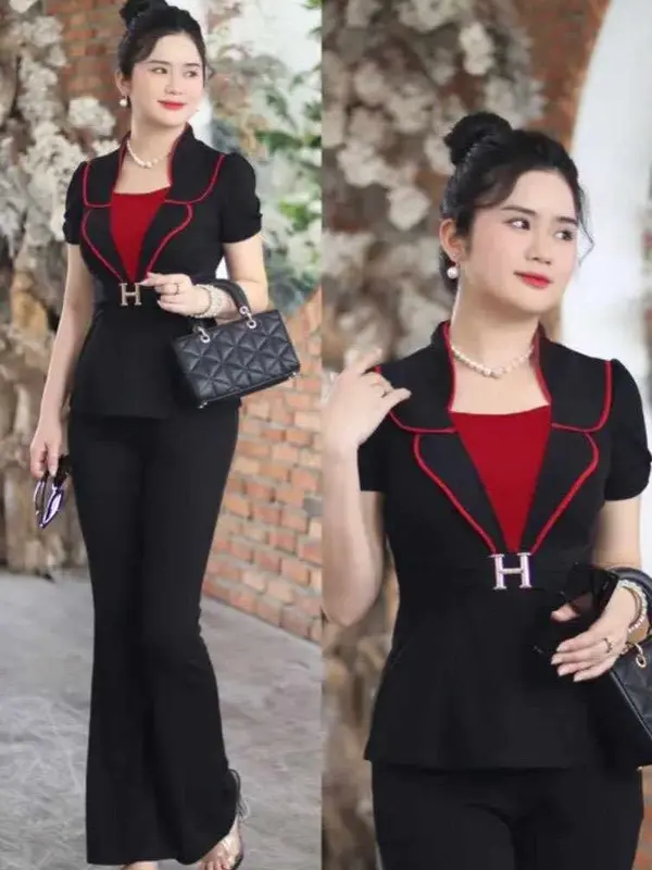 SÉT BỘ QUẦN ỐNG LOE GIẢ VEST ĐÍNH CHỮ H - THU XỐP  - HTL06 Nữ Women Áo Thun Top 3