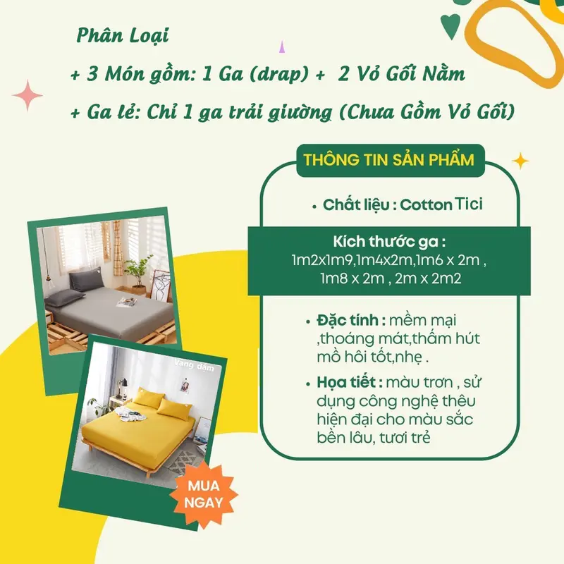 combo 3 MÓN ga gối COTTON TICI, ga giường và 2 vỏ gối cotton Hàn Quốc set m2 m4 m6 m8 1