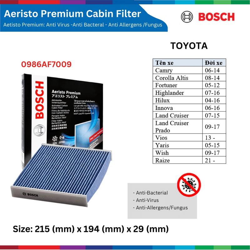 Lọc gió điều hòa BOSCH Aeristo Premium, xe TOYOTA Camry Altis Vios, Fortuner Land Cruiser, Yaris, Cross 2