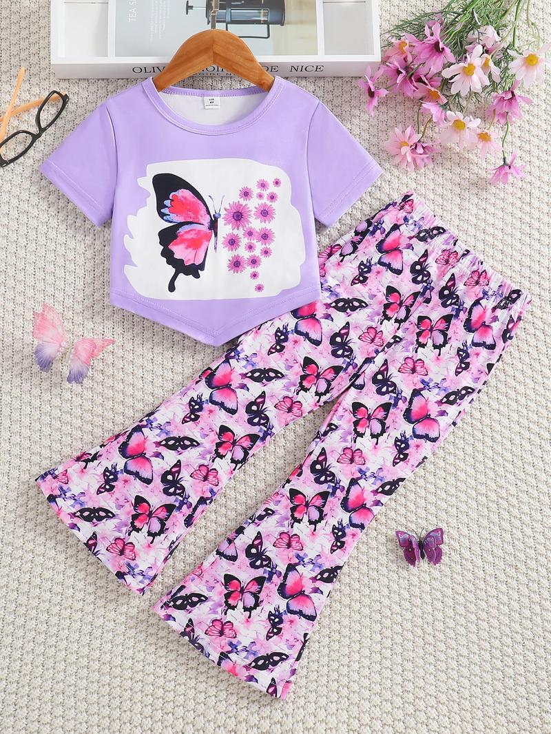 Product Introduction of Girl's Butterfly & Floral Print Tee & Flare Leg Pants Two-piece Set, Casual Fashion Round Neck Short Sleeve T-shirt & Bell Bottom Trousers for Daily Wear, Kids Summer Clothes 1