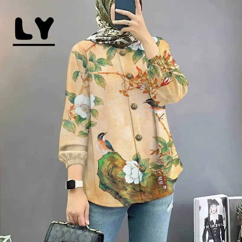 LY baju Muslim Long Sleeved Shirt Style Elegant Plus Size Women's Muslim Minimalist Floral Top Muslim Clothing Baju Raya Plus Size T-shirt GFH12132