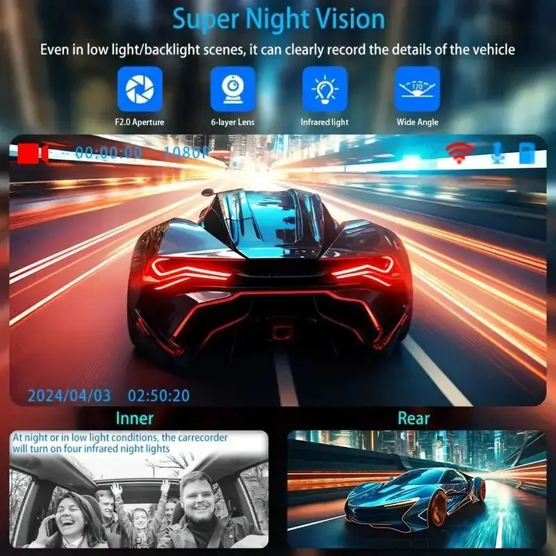 Car DVR, 1080P Car DVR with 2.0 Inch IPS Screen, Car Front & Inside & Rear 3-Camera Driving Recorder, Automotive Camera with Loop Recording, Car Essentials, Dashcam, Black 5