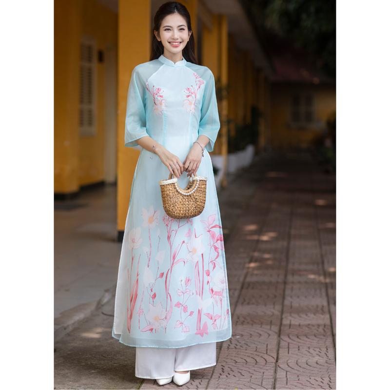Áo dài Cẩm Ngọc áo dài dáng truyền thống nữ màu xanh dương pastel tay xòe cổ trụ 2p chất liệu tơ organza thoáng mát Nữ Dress Women