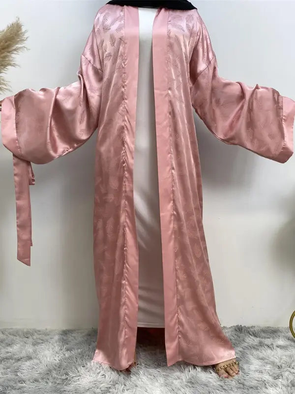 Women's Leaf Pattern Belted Satin Abaya, Modest Casual Long Sleeve Open Front Abaya for Daily Wear, Women's Islamic Clothing for Spring & Fall 2