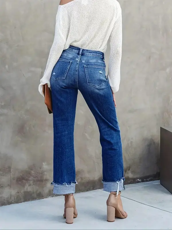 Women's Solid Color Jeans, Casual Comfy Wide Leg Denim Pants for Daily Wear, Ladies Bottoms for All Seasons 1