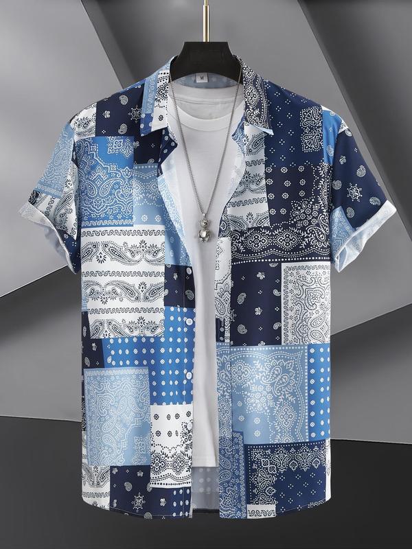 Men's Regular Fit Paisley Print Button Front Shirt, Summer Clothes, Boho Casual Short Sleeve Collared Top for Summer, Men's Clothes for Vacation Holiday Wear 1