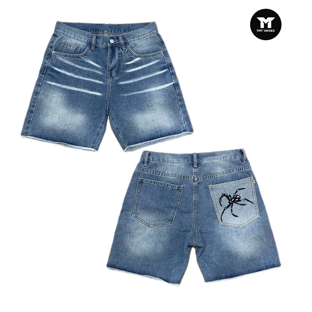 QUẦN SHORT THÊU HÌNH NHỆN “WASH SỌC” - FORM TRÊN GỐI, UNISEX NAM NỮ, ĐL360GSM. Menswear Có Túi Jean