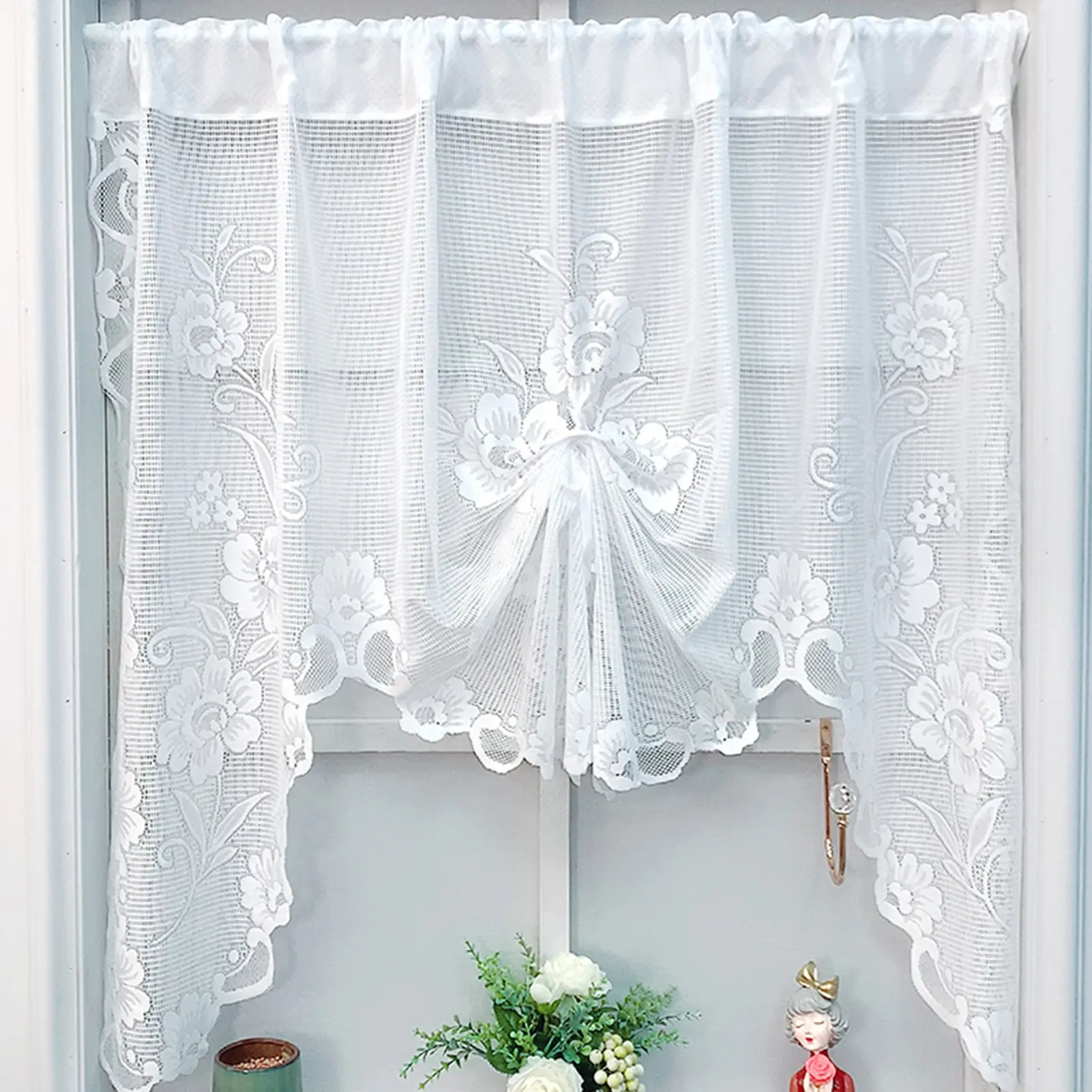 suhaseail-1 Panel Sheer Curtain Adjustable Flower Embroidery Polyester Floral Design Living Room Lace Tie Up Curtain for Daily Life