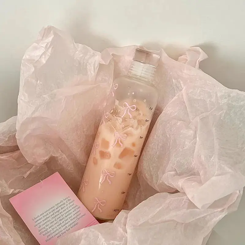Bình Nước Nhựa, 500ML, Thiết Kế Hình Nơ Kawaii, Có Thang Đo Thời Gian, Trong Suốt, Thích Hợp Cho Các Môn Thể Thao Ngoài Trời Và Trường Học, Bình Nước Uống 2