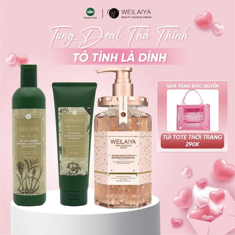 Bộ gội xả gừng & gừng hà thủ ô Weilaiya + Sữa tắm cánh hoa hồng Damask