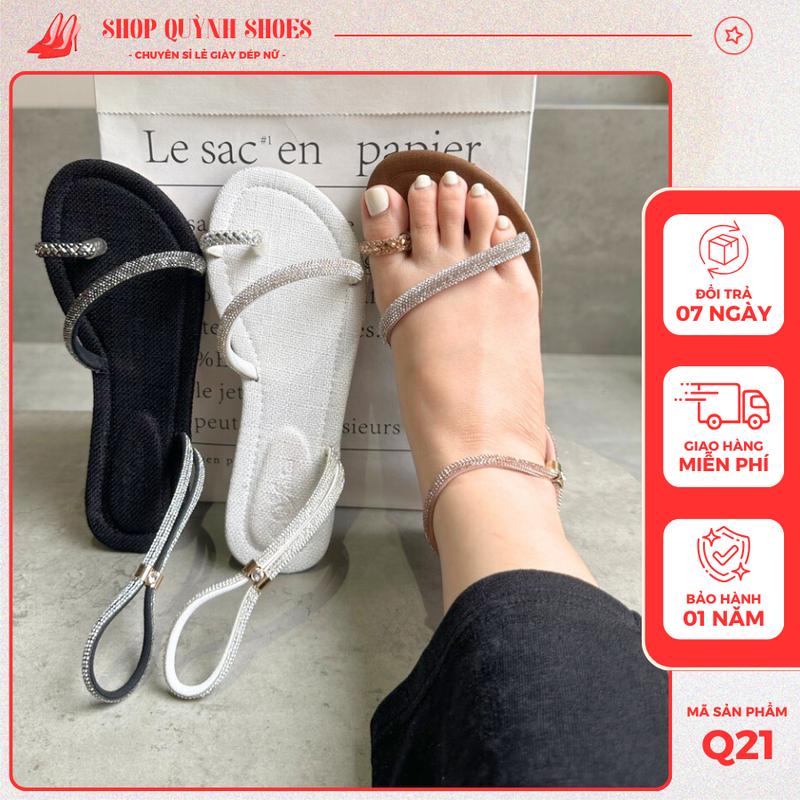 Giày sandal nữ xỏ ngón quai xoàng 1 dây sang chảnh dép nữ đi học đính đá có quai hậu mũi tròn - Shop Quỳnh Shoes Q21 DéP